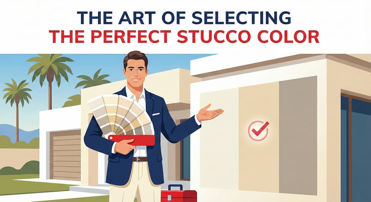 Stucco Champions infographic comparing warm earth-tone stucco versus cool modern white stucco to show the impact on curb appeal.