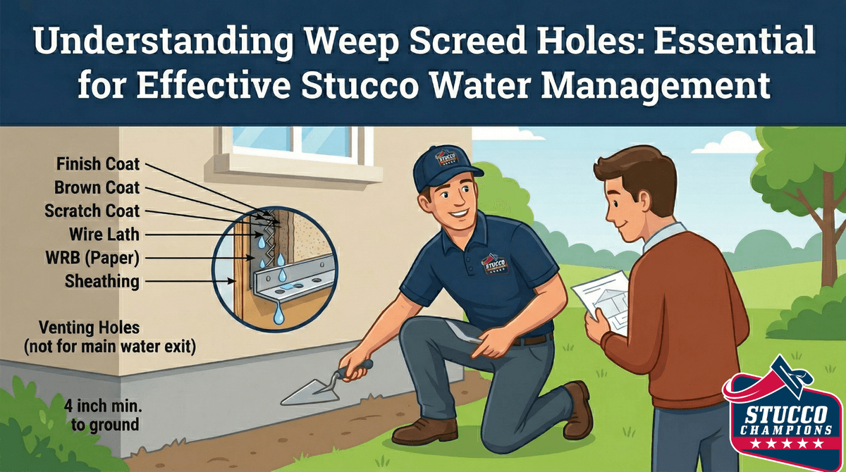 Stucco Champions expert explaining weep screed holes for stucco repair in Southern California.