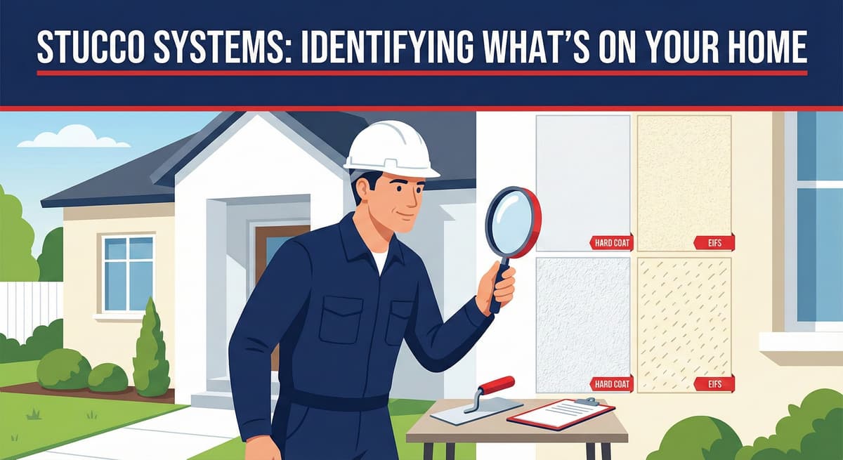 Stucco Champions contractor using a magnifying glass to identify differences between Hard Coat and EIFS stucco systems.