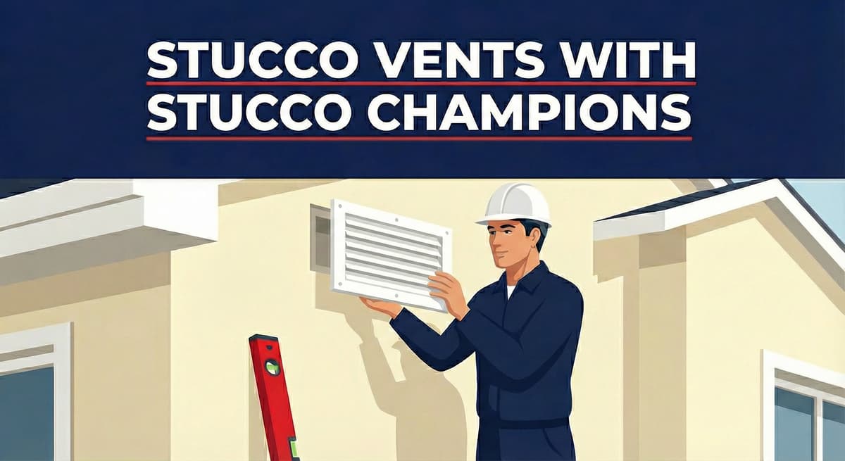 Stucco Champions contractor positioning a white vent cover on an exterior wall to prevent moisture buildup.