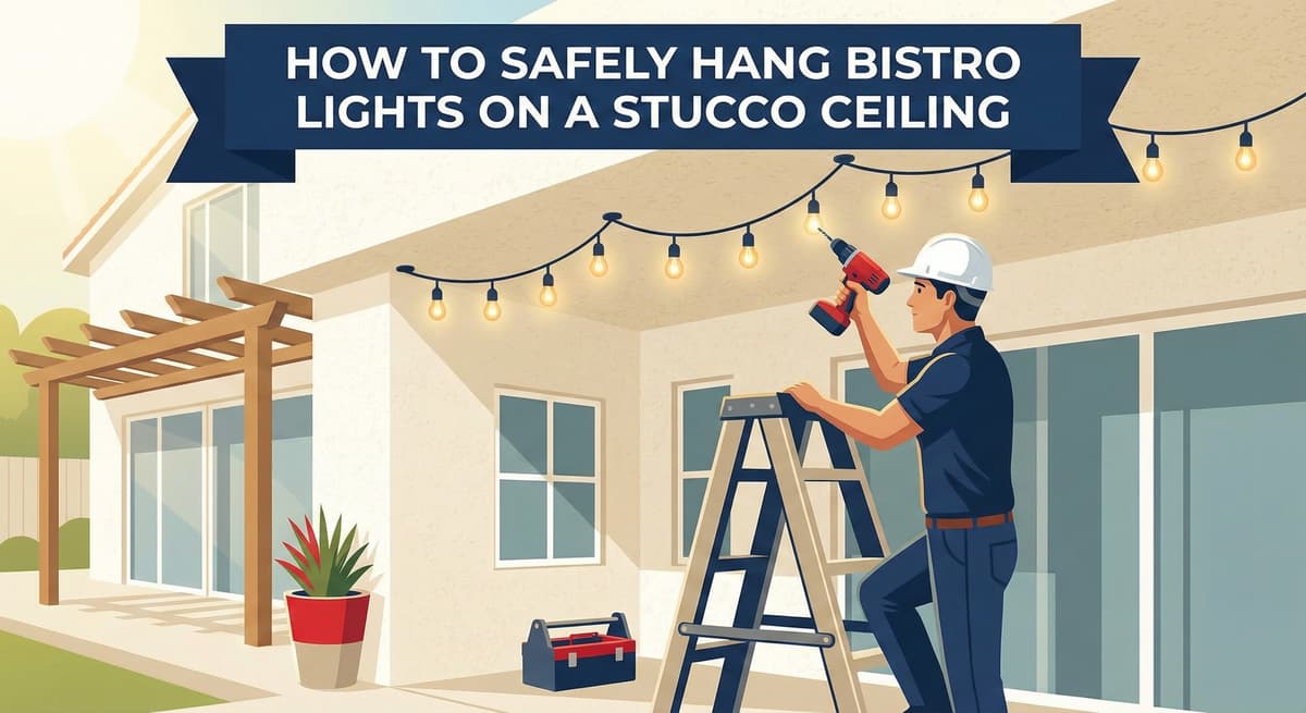 A man in a hard hat on a ladder using a power drill to install a string of bistro lights on the stucco ceiling of an outdoor patio or porch.