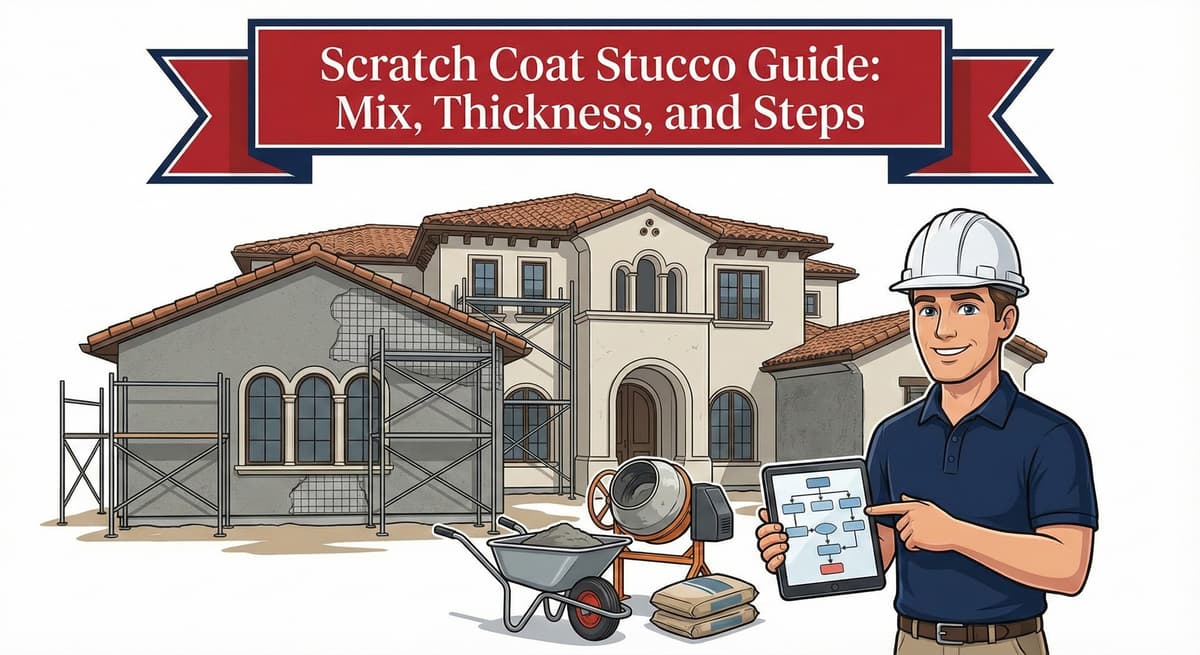 Scratch coat stucco guide showing proper mix thickness and application steps over metal lath and weep screed drainage systems