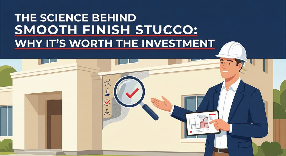 Stucco Champions contractor explaining the chemistry of smooth finish stucco using a magnifying glass graphic to show molecular bonding.