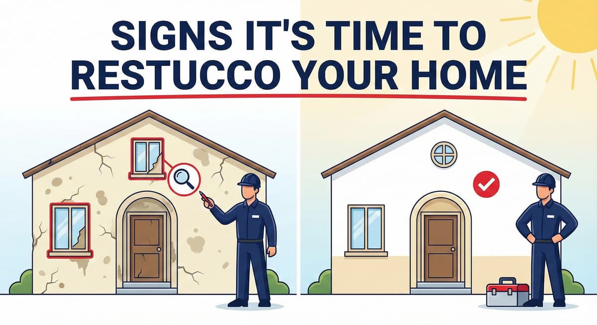 Stucco Champions infographic comparing warm earth-tone stucco versus cool modern white stucco to show the impact on curb appeal.