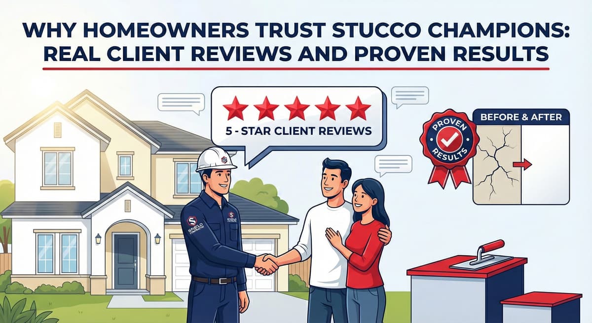 Stucco Champions infographic comparing warm earth-tone stucco versus cool modern white stucco to show the impact on curb appeal.