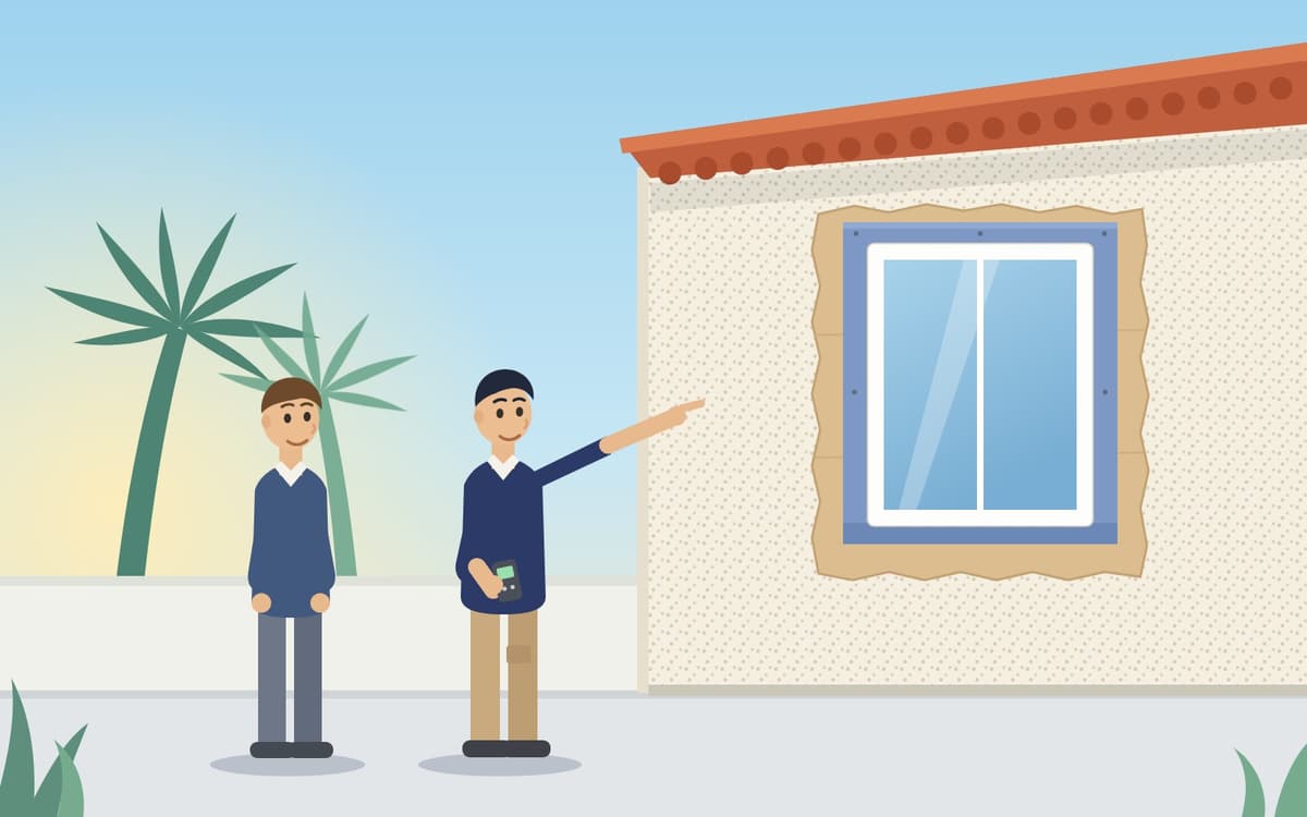 Illustration of a stucco contractor showing a homeowner a new-construction window install with the stucco cut back and flashing exposed