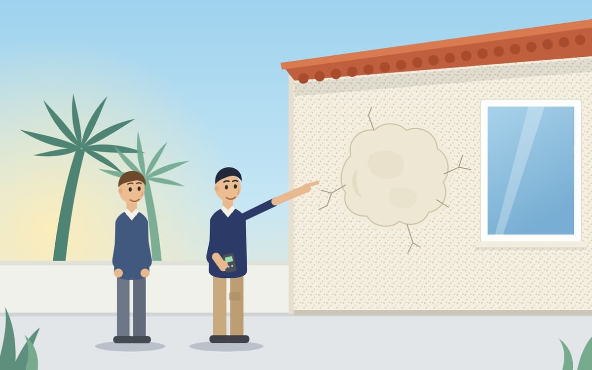 Illustration of a stucco contractor pointing out a mismatched sand finish patch on a Southern California home