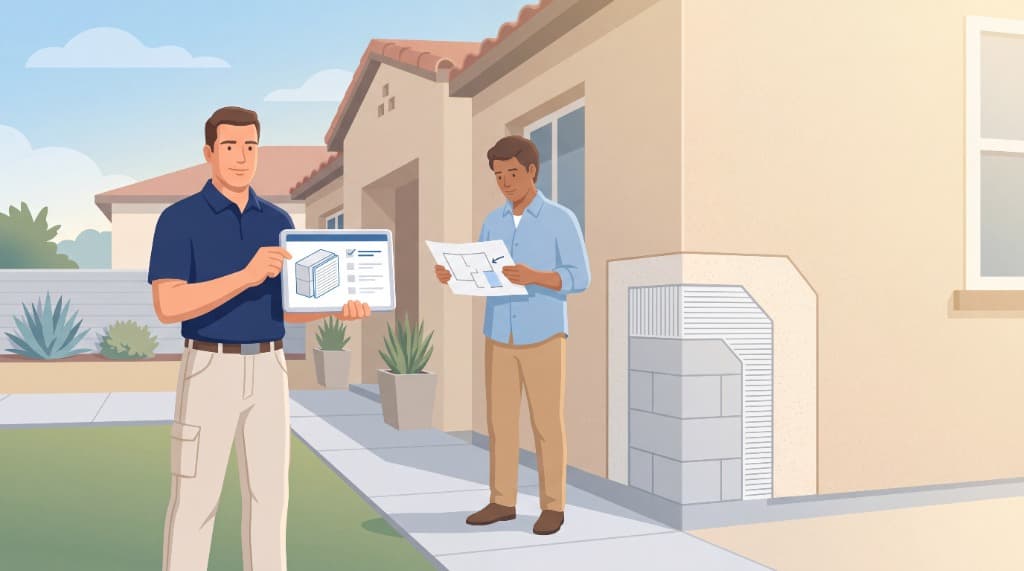 Contractor and homeowner reviewing a concrete block wall diagram and scratch coat layers