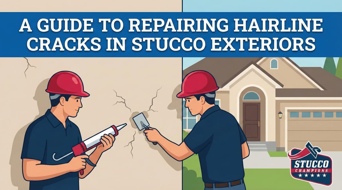 A professional technical infographic from Stucco Champions titled "A Guide to Repairing Hairline Cracks in Stucco Exteriors," featuring two side-by-side illustrations of a contractor in a red hard hat: one using a caulk gun to seal a spiderweb crack and the other using a hand trowel to apply a smooth patch over a hairline crack in front of a modern residential home.