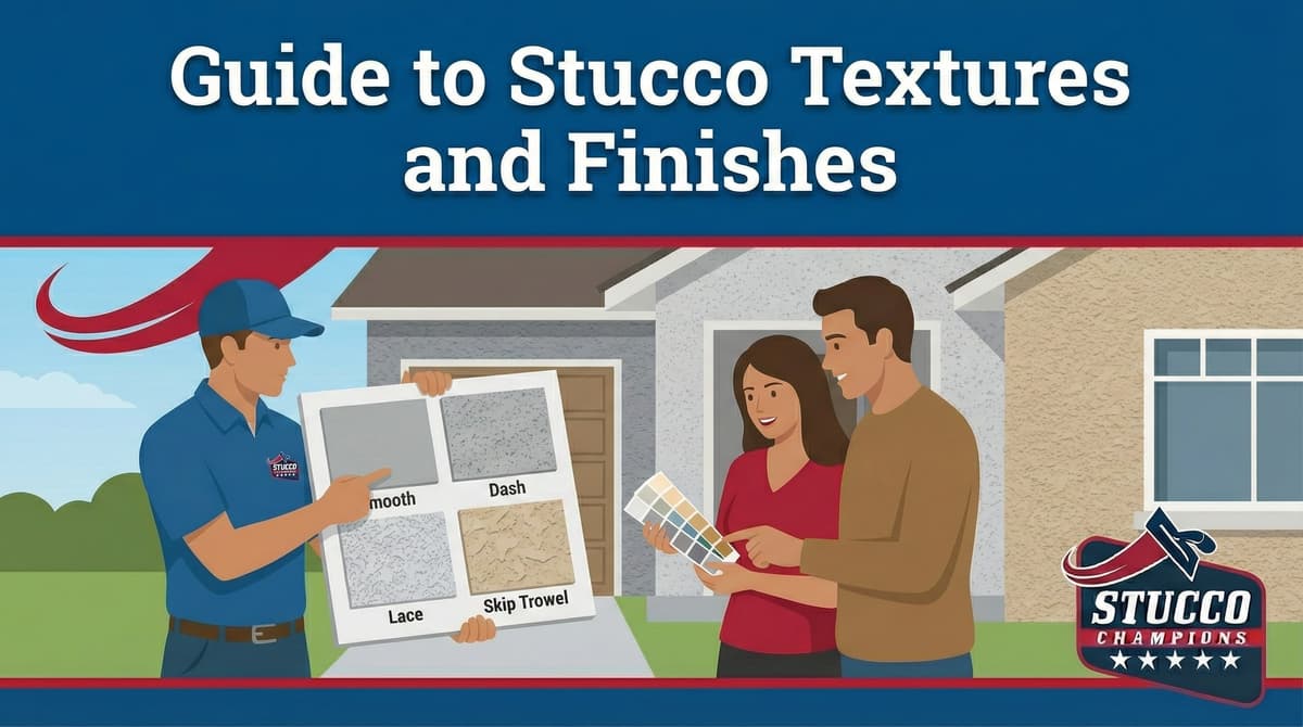 A professional visual guide from Stucco Champions titled "Guide to Stucco Textures and Finishes," showing a contractor presenting four texture samples—Smooth, Dash, Lace, and Skip Trowel—to a couple while they review a color swatch palette in front of a modern home.