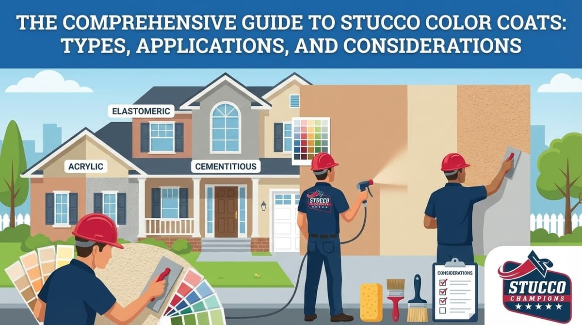 A professional technical infographic from Stucco Champions titled "The Comprehensive Guide to Stucco Color Coats: Types, Applications, and Considerations," showing a large residential home with labels for Acrylic, Elastomeric, and Cementitious finishes while contractors demonstrate spray and trowel application methods.