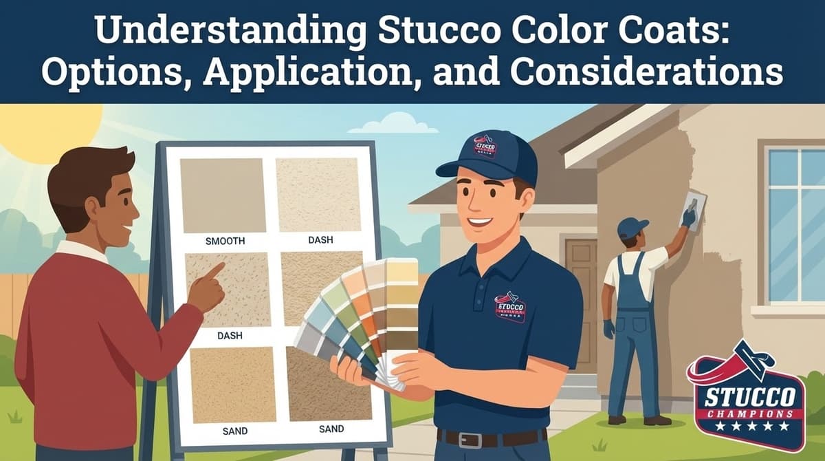 A professional technical infographic from Stucco Champions titled "Understanding Stucco Color Coats: Options, Application, and Considerations," showing a contractor in a branded cap and polo applying a textured finish to a wall while a client points to a display board featuring six different texture samples including Smooth, Dash, and Sand.