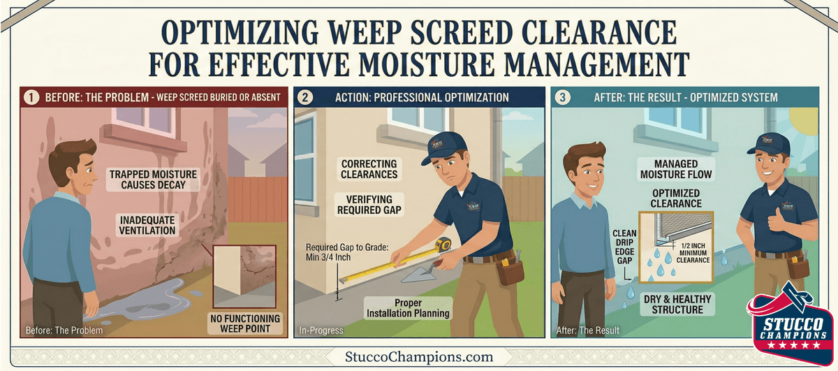 Cartoon illustration of Stucco Champions performing stucco repair to optimize weep screed clearance in Southern California.