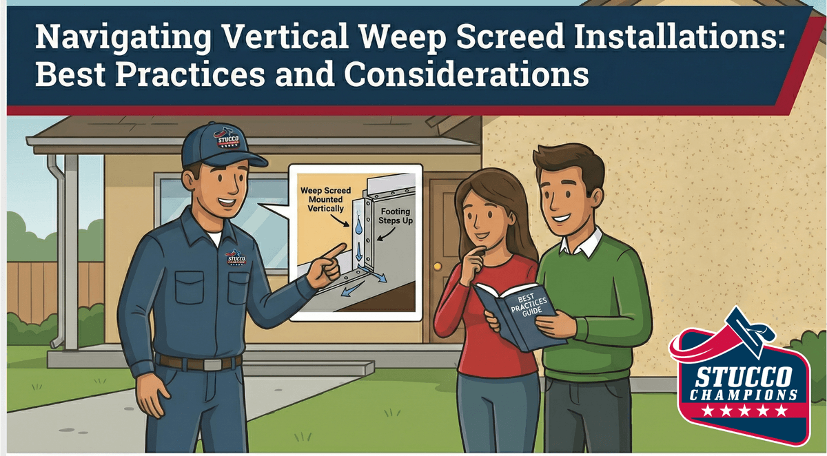 Stucco Champions explaining vertical weep screeds for new stucco to Southern California homeowners.