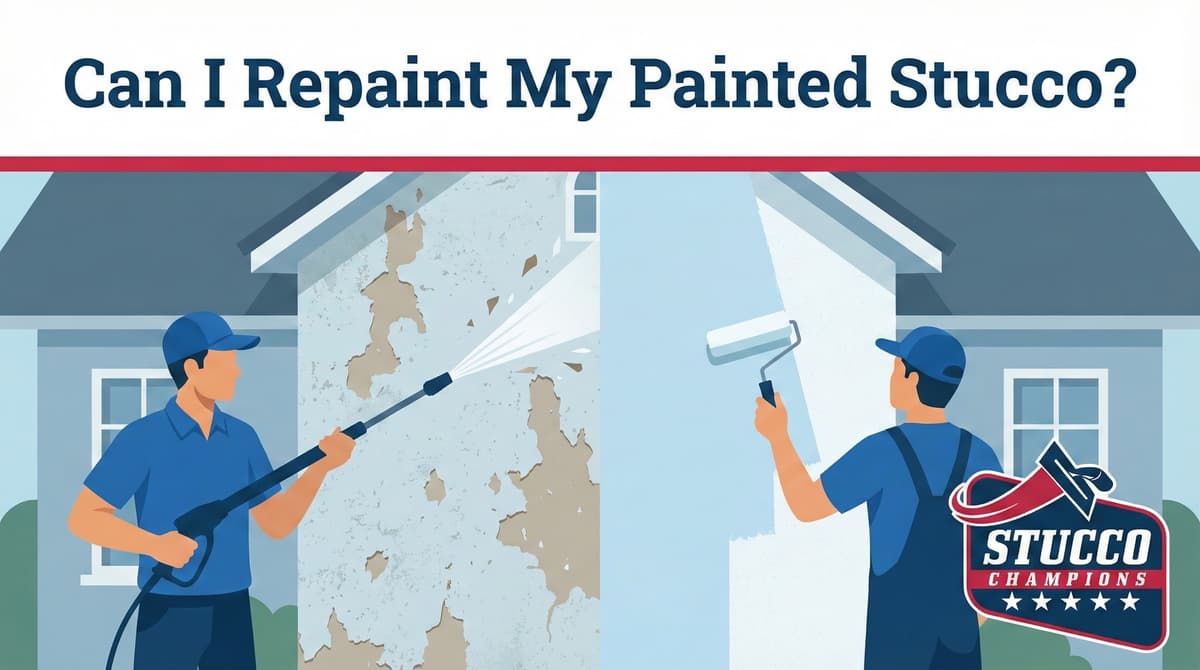 A professional educational guide from Stucco Champions titled "Can I Repaint My Painted Stucco?" showing a technician power washing a peeling exterior wall and a contractor applying a smooth new layer of paint to a home.