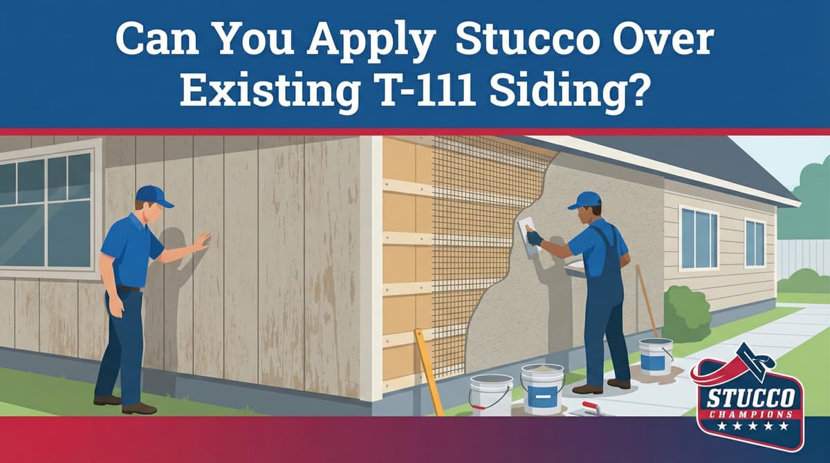 A professional educational guide from Stucco Champions titled "Can You Apply Stucco Over Existing T-111 Siding?" showing a technician inspecting wood siding and a contractor installing metal lath and a stucco scratch coat over a residential exterior.