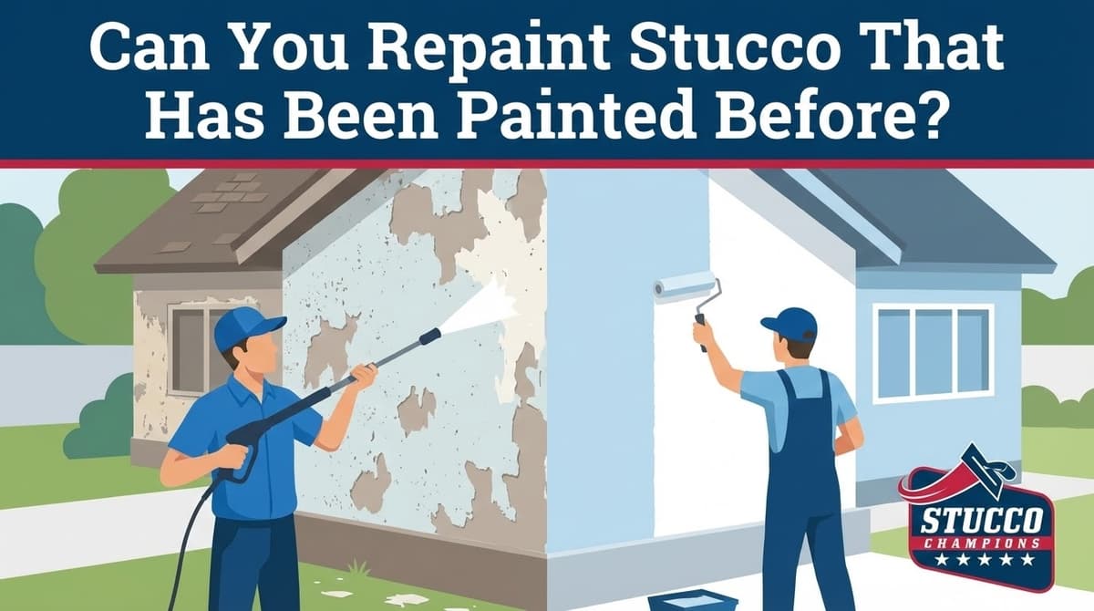 A professional educational guide from Stucco Champions titled "Can You Repaint Stucco That Has Been Painted Before?" showing a technician power washing a house with peeling paint and a contractor applying a fresh, smooth blue coat.