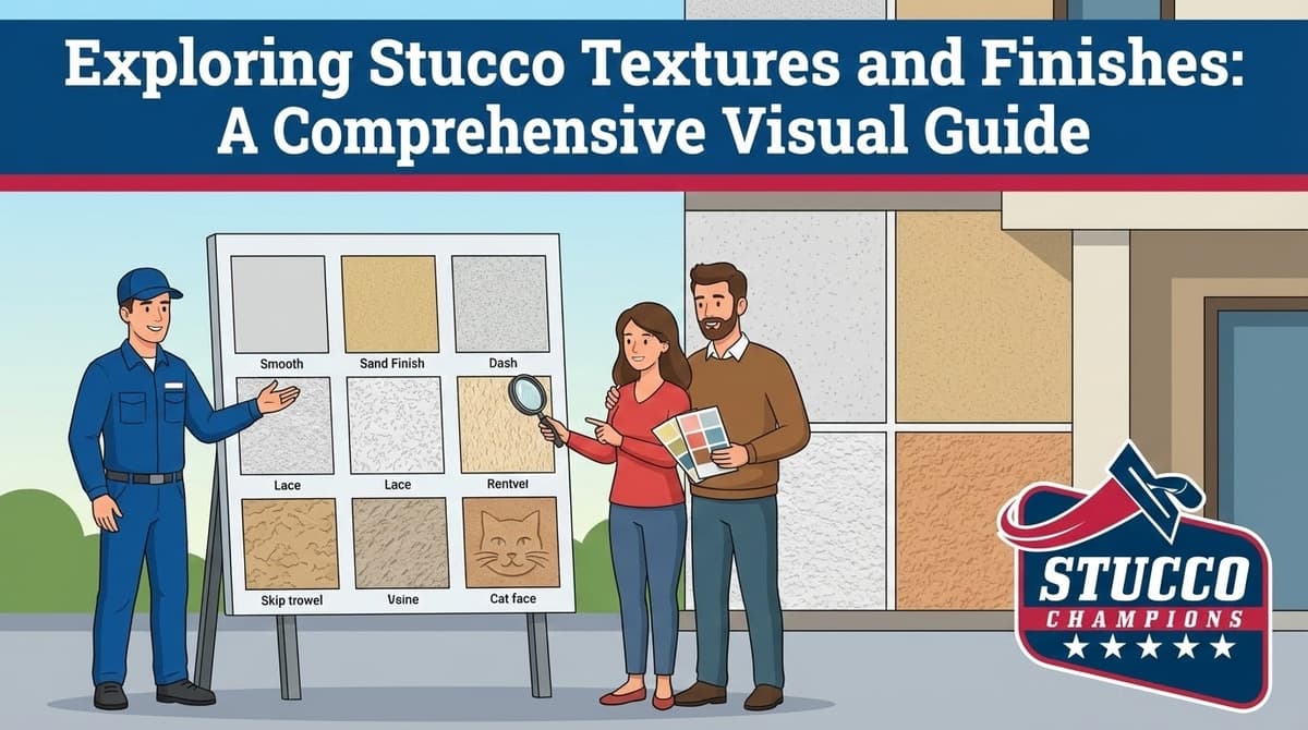A comprehensive visual guide from Stucco Champions titled "Exploring Stucco Textures and Finishes: A Comprehensive Visual Guide," showing a contractor presenting nine texture samples including Smooth, Sand, Dash, Lace, and Skip Trowel to a couple.