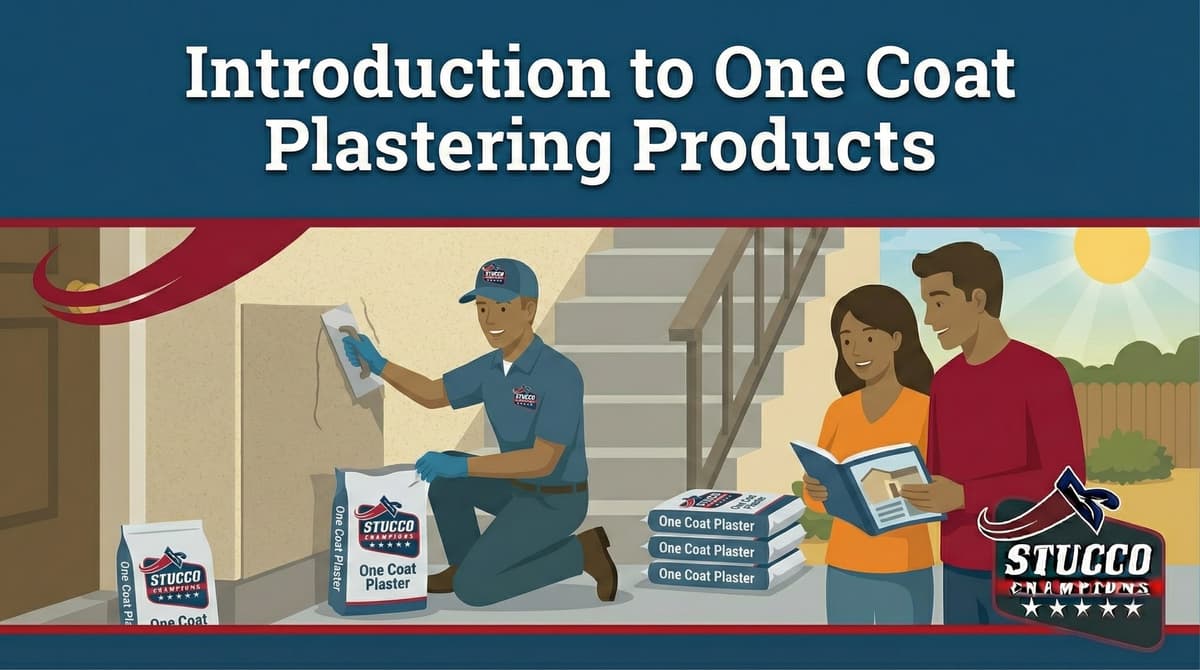 A professional technical guide from Stucco Champions titled "Introduction to One Coat Plastering Products," showing a technician kneeling to apply a smooth finish coat from a bag of One Coat Plaster while a couple reviews an instructional manual nearby.