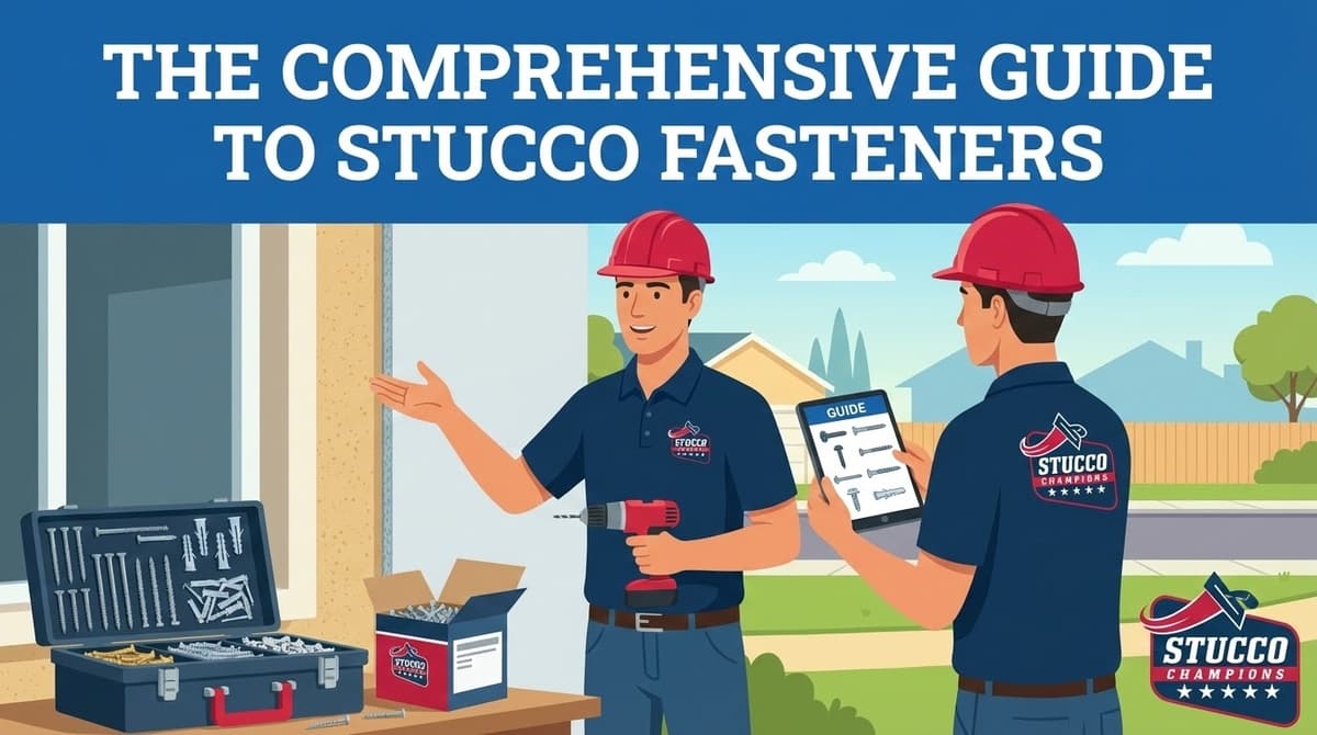 A professional technical infographic from Stucco Champions titled "The Comprehensive Guide to Stucco Fasteners," showing two contractors in red hard hats reviewing hardware: one pointing to a wall section and the other consulting a digital tablet with a visual guide of screws, nails, and anchors next to a fully stocked toolbox.