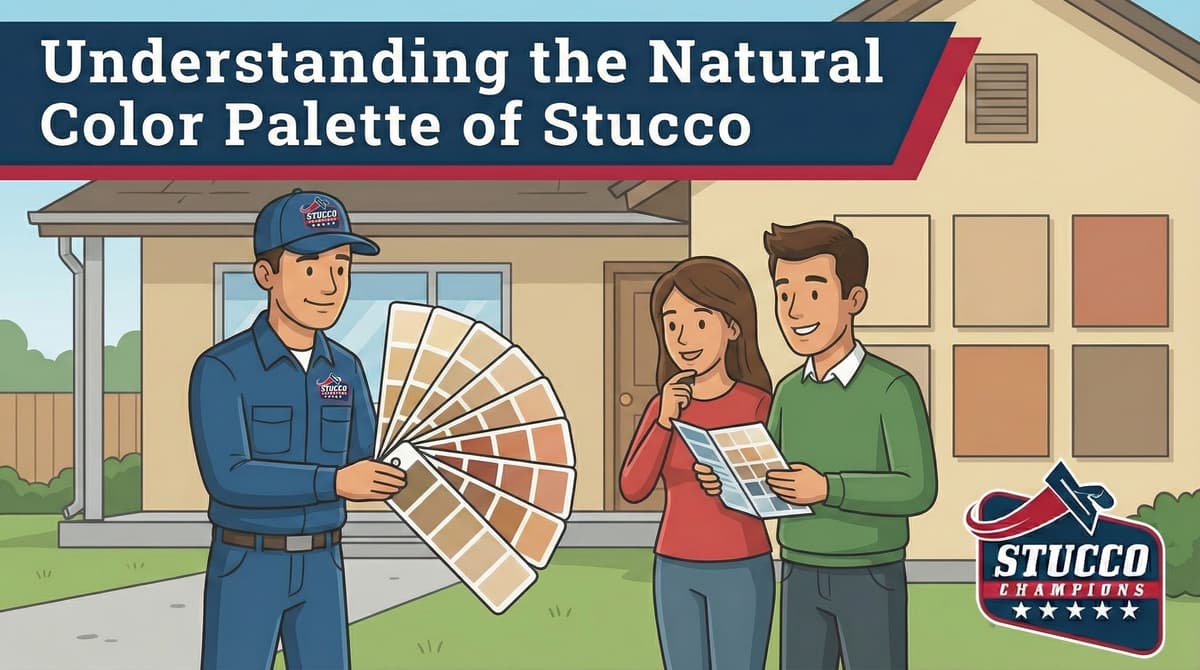 A professional visual guide from Stucco Champions titled "Understanding the Natural Color Palette of Stucco," showing a contractor presenting a wide earth-tone color fan to a couple in front of a tan residential home.