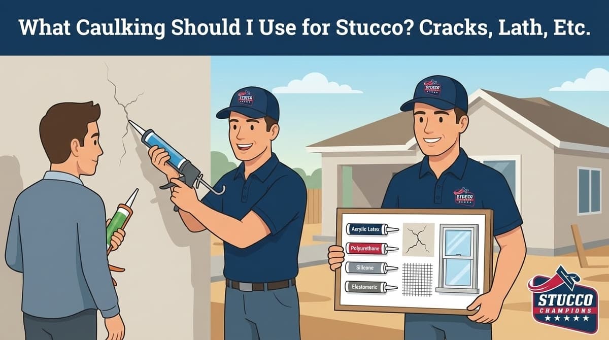 A professional technical infographic from Stucco Champions titled "What Caulking Should I Use for Stucco? Cracks, Lath, Etc.," showing a contractor demonstrating caulking application on a wall crack while another technician holds a reference board detailing Acrylic Latex, Polyurethane, Silicone, and Elastomeric sealant options for windows and mesh.