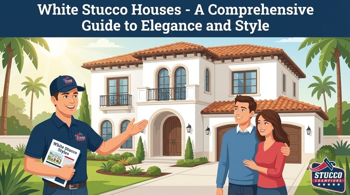A professional technical infographic from Stucco Champions titled "White Stucco Houses - A Comprehensive Guide to Elegance and Style," showing a contractor holding a "White Stucco Styles" brochure while gesturing toward a luxurious Mediterranean-style white villa for a smiling homeowner couple.