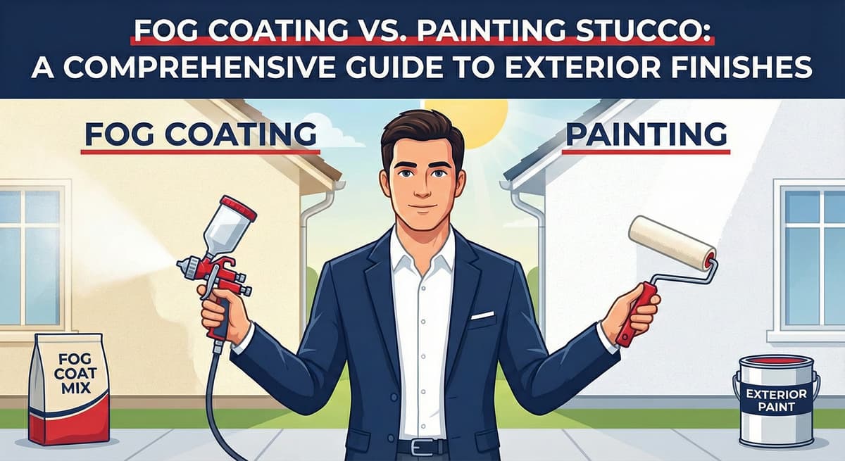 Stucco Champions professional displaying a digital Sto stucco color chart and a physical color fan deck in front of a modern home.