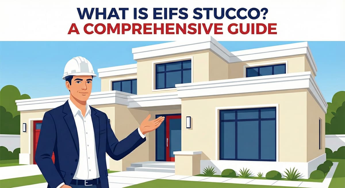 Stucco Champions professional introducing an EIFS stucco guide in front of a modern, energy-efficient home.