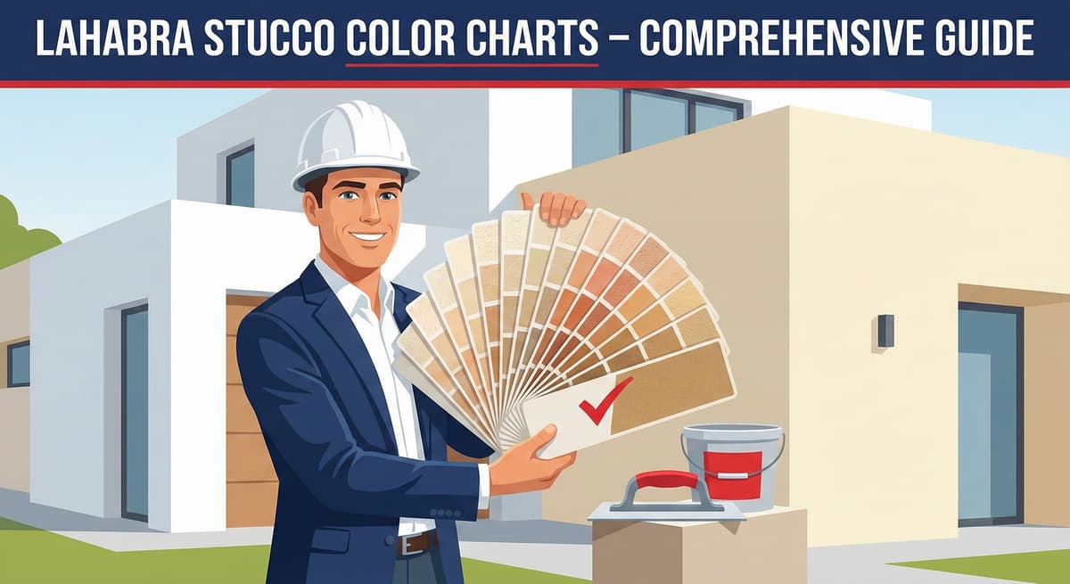 Stucco Champions professional displaying a LaHabra stucco color fan deck with a red checkmark indicating the best selection.