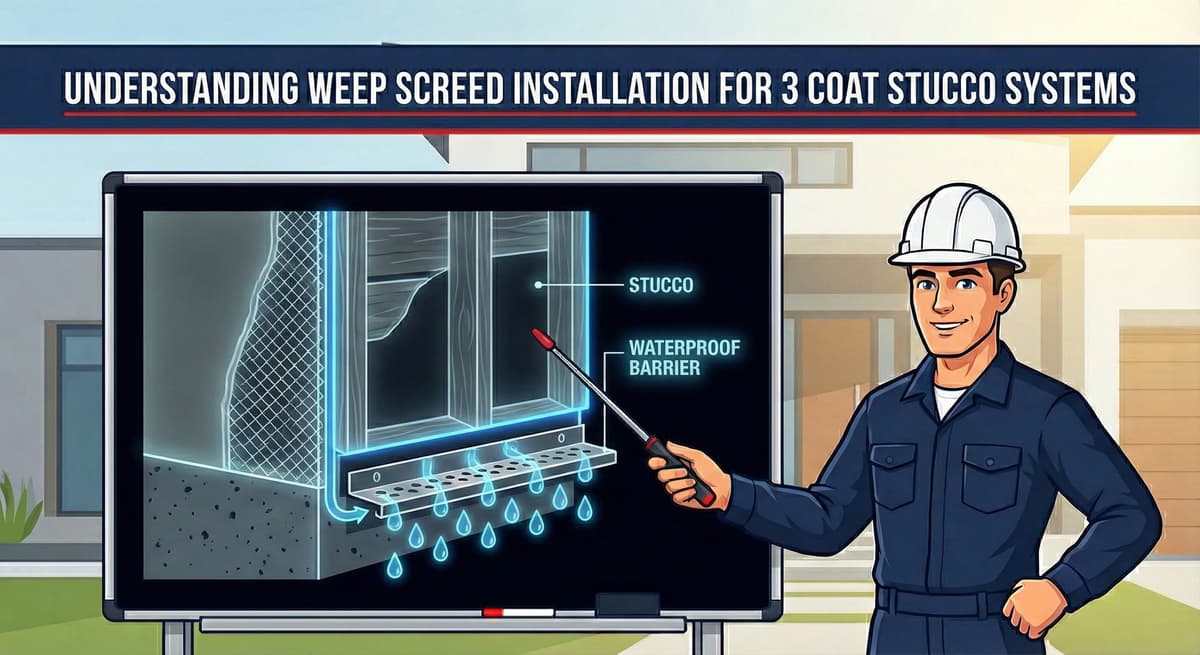 Stucco Champions expert explaining weep screed installation and drainage for 3-coat stucco systems on a whiteboard diagram.