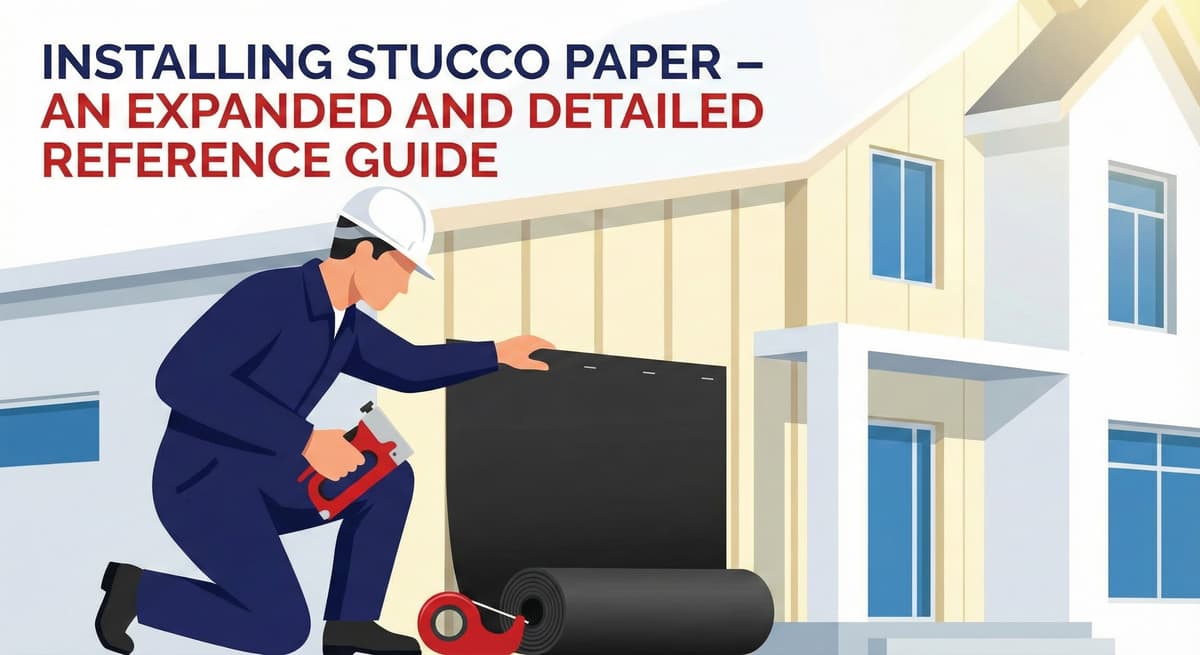 Stucco Champions contractor kneeling to install black building paper using a red staple gun and tape.