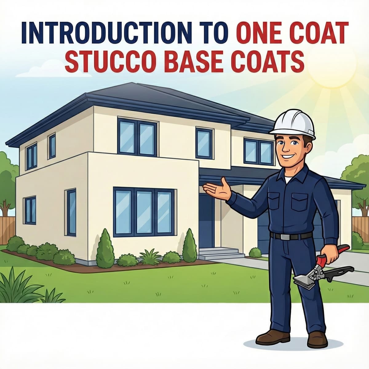 Stucco Champions contractor mixing stucco base coat and sand in a wheelbarrow using a mixing hoe.