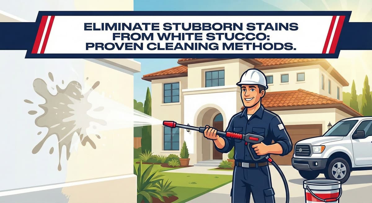 Illustration of a technician pressure-washing a stain off white stucco in front of a modern home.