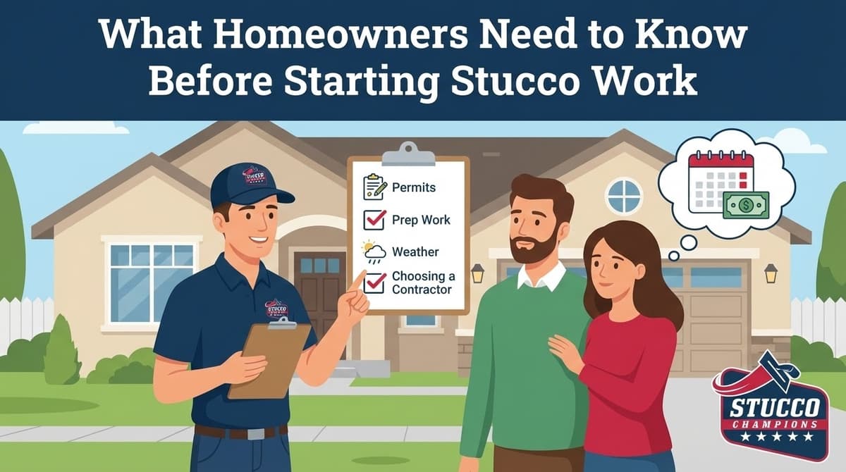 A professional technical infographic from Stucco Champions titled "What Homeowners Need to Know Before Starting Stucco Work," featuring a contractor presenting a four-point checklist—Permits, Prep Work, Weather, and Choosing a Contractor—to a couple, with a thought bubble indicating budget and schedule planning.