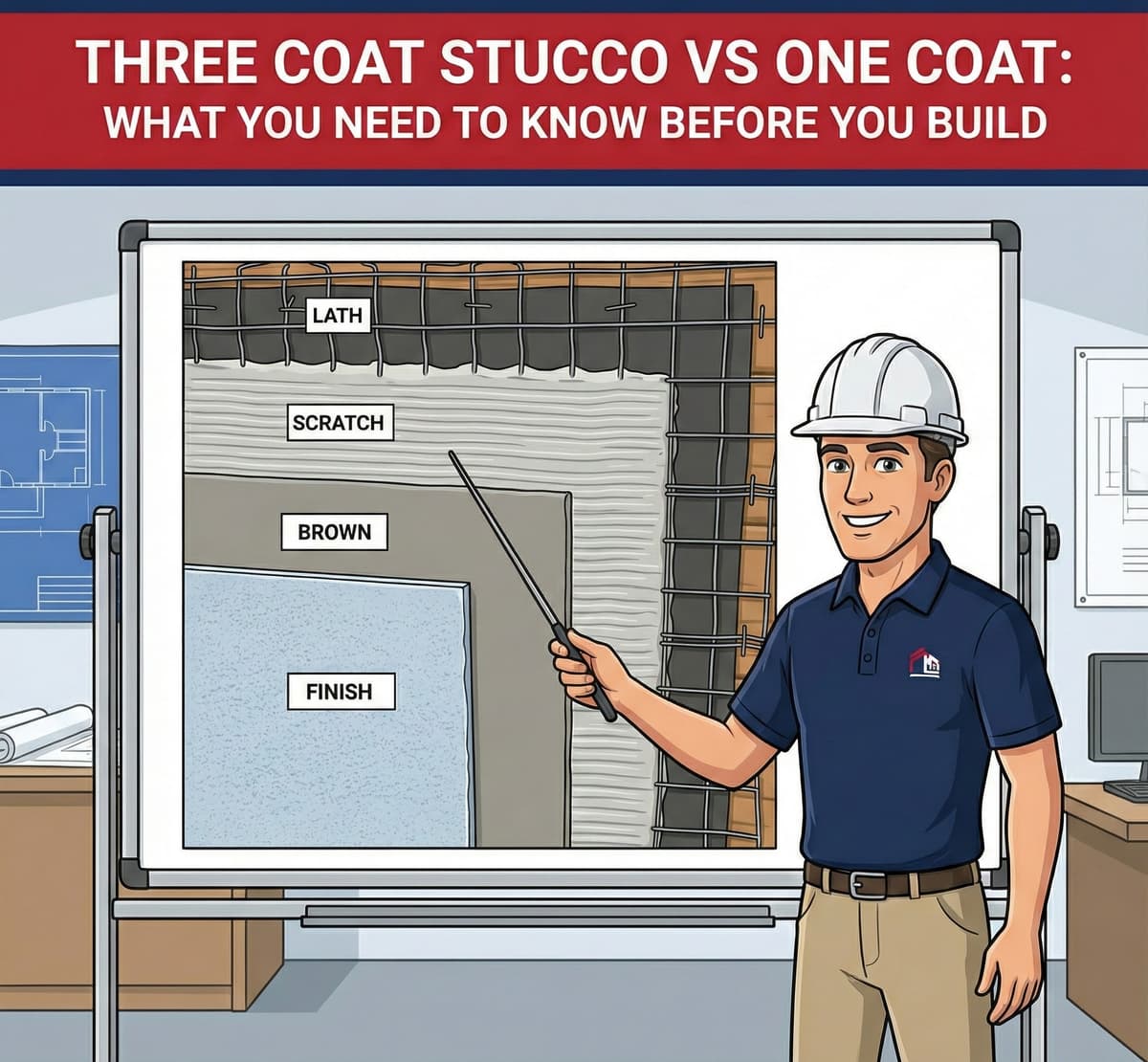 Three coat stucco vs one coat comparison showing lath scratch brown and finish layers with proper weep screed drainage requirements