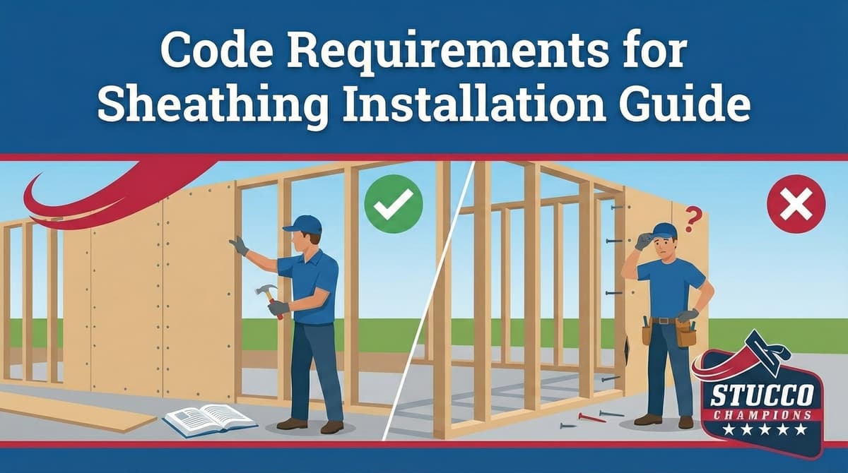 A professional visual guide from Stucco Champions titled "Code Requirements for Sheathing Installation Guide," showing a contractor correctly nailing sheathing to a wooden frame versus an incorrect installation with loose nails and structural gaps.