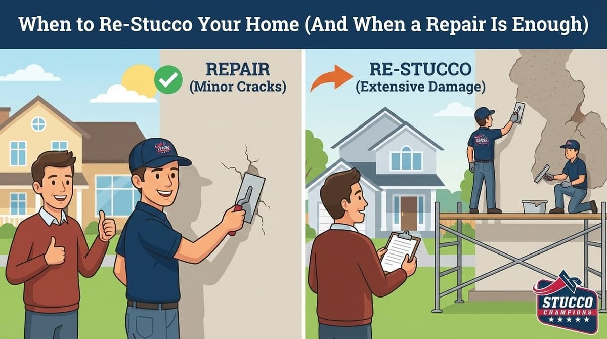 A professional side-by-side technical infographic from Stucco Champions titled "When to Re-Stucco Your Home (And When a Repair Is Enough)," showing a contractor fixing minor hairline cracks on the left and a full crew performing a total re-stucco on a damaged wall with scaffolding on the right.