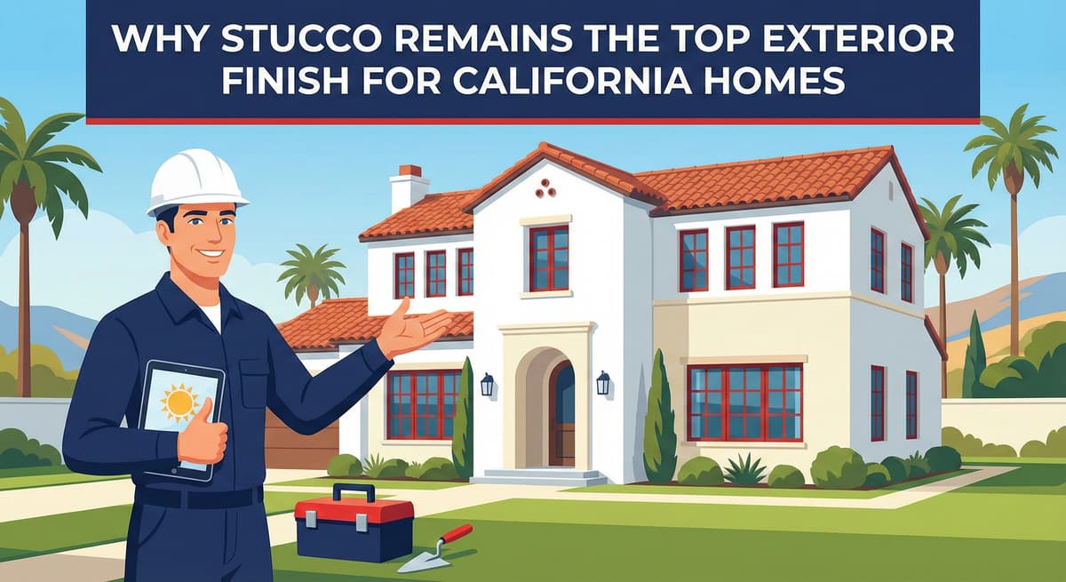 Stucco Champions contractor shaking hands with a happy homeowner, holding a tablet with a trophy icon to symbolize award-winning service.