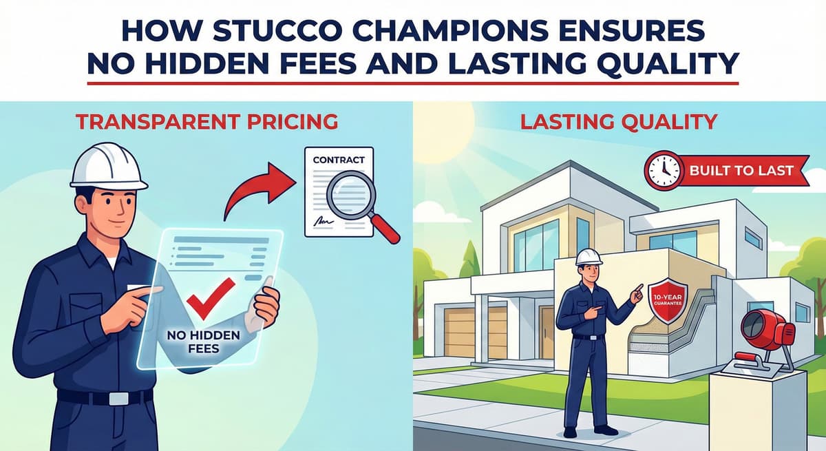 Stucco Champions infographic comparing warm earth-tone stucco versus cool modern white stucco to show the impact on curb appeal.