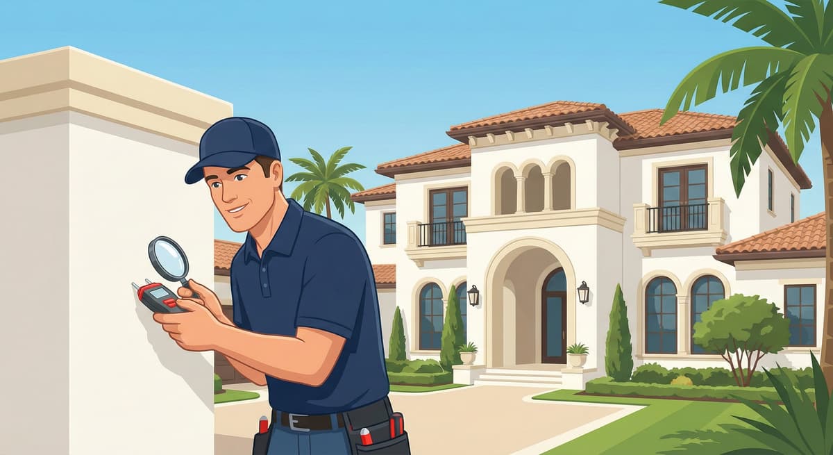 Professional stucco inspection and maintenance showing moisture meter testing to keep stucco looking new with proper weep screed drainage care