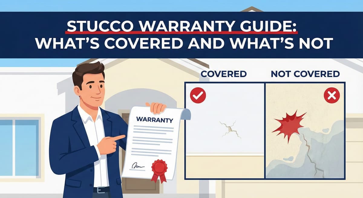 Stucco Champions warranty guide illustrating covered hairline cracks versus non-covered impact damage.