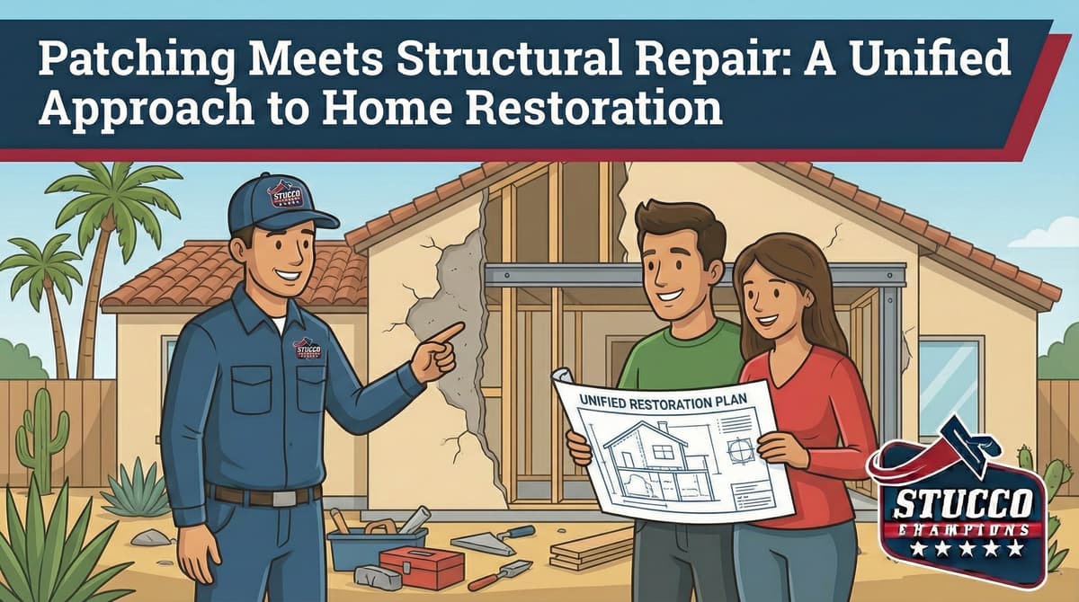 A professional technical infographic from Stucco Champions titled "Patching Meets Structural Repair: A Unified Approach to Home Restoration," showing a contractor pointing to a large wall crack while a couple reviews a "Unified Restoration Plan" blueprint in front of a house under repair.