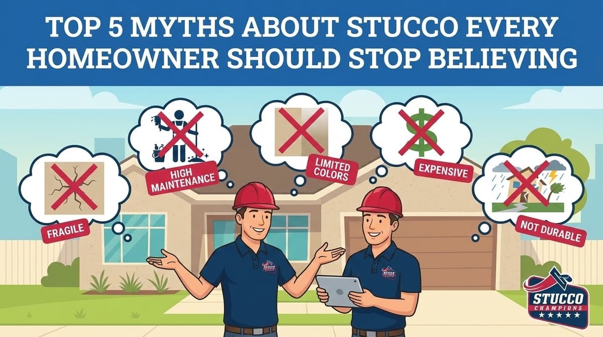 A professional technical infographic from Stucco Champions titled "Top 5 Myths About Stucco Every Homeowner Should Stop Believing," featuring two contractors in red hard hats debunking five common misconceptions with red "X" symbols over icons for fragility, high maintenance, limited colors, high expense, and lack of durability.