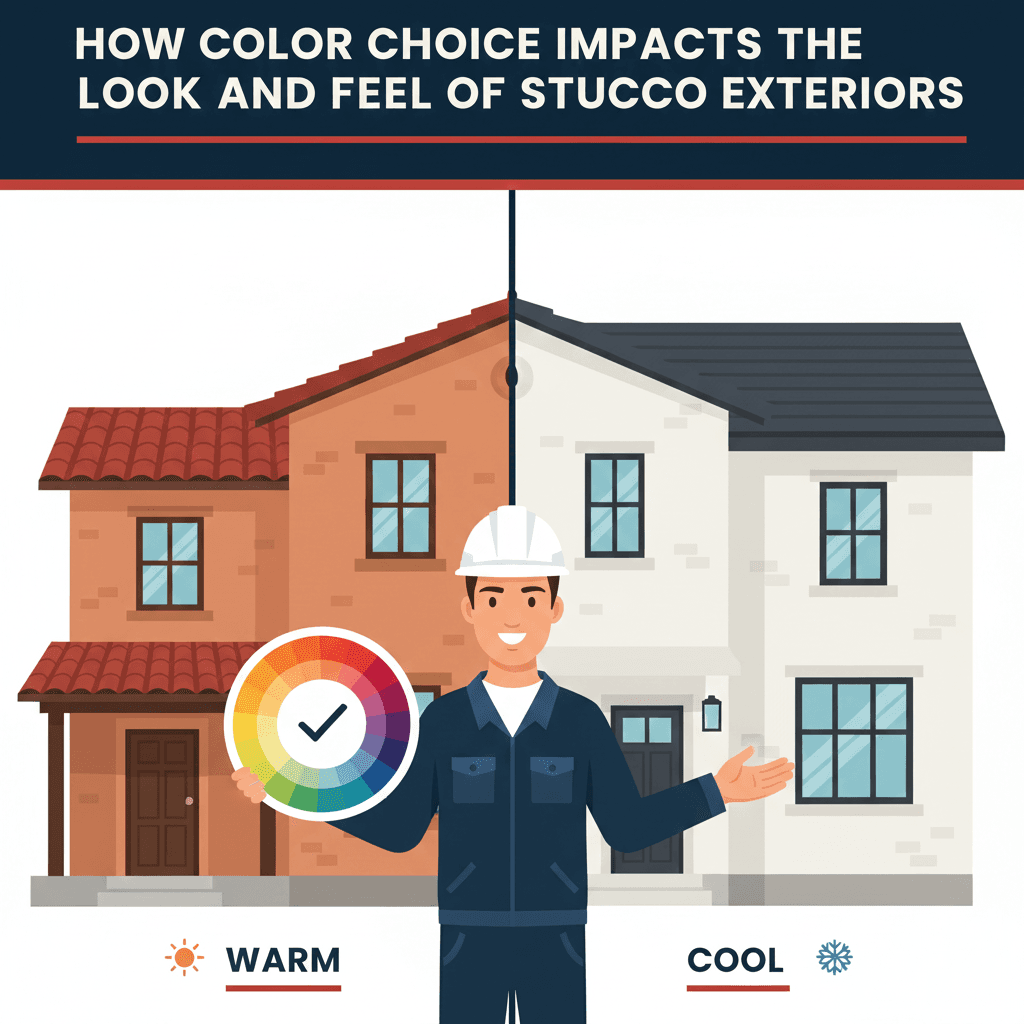 Stucco Champions infographic illustrating how color choice impacts the look of a home, comparing warm earth tones versus cool modern greys.