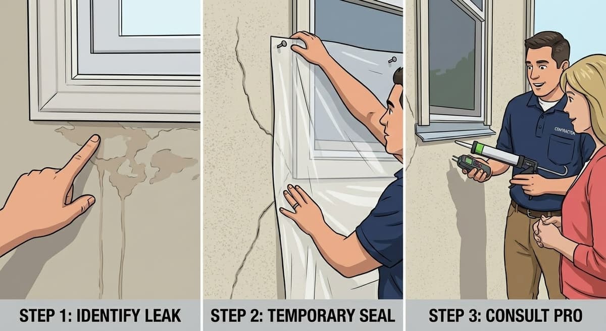 A cartoon illustration of a residential window on a stucco wall showing stylized water droplets leaking through a crack in the sill, representing a seal failure.