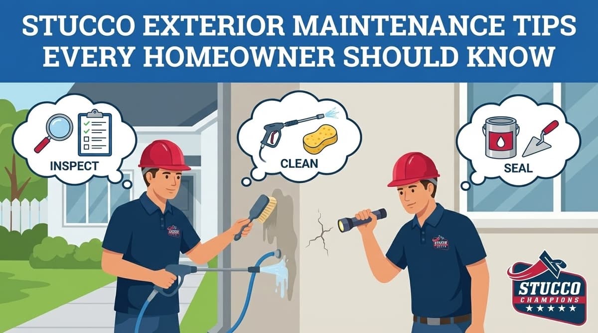 A professional technical infographic from Stucco Champions titled "Stucco Exterior Maintenance Tips Every Homeowner Should Know," featuring two contractors in red hard hats demonstrating the three core steps of property care: Inspecting with a flashlight, Cleaning with a pressure washer and brush, and Sealing cracks with professional compounds.