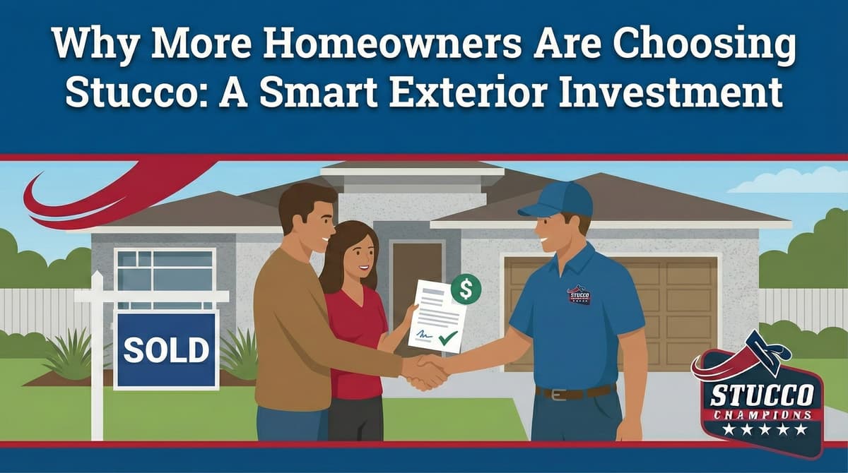 A professional visual guide from Stucco Champions titled "Why More Homeowners Are Choosing Stucco: A Smart Exterior Investment," showing a contractor shaking hands with a couple in front of a newly sold modern home.