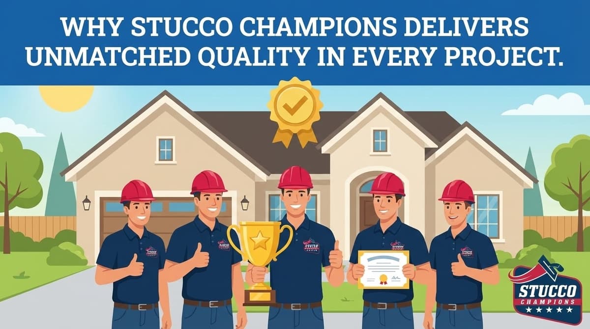 A professional infographic from Stucco Champions titled "Why Stucco Champions Delivers Unmatched Quality in Every Project," showing five smiling contractors in branded uniforms and red hard hats standing in front of a modern home, holding a large gold trophy and a quality certificate.