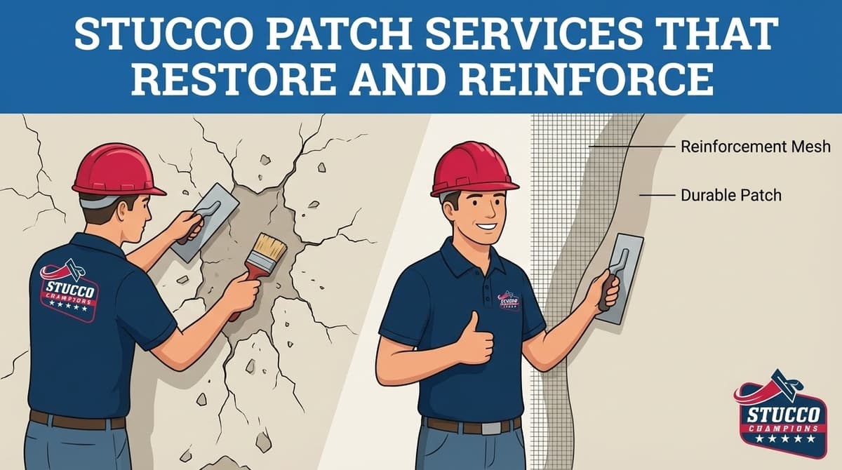 A professional technical infographic from Stucco Champions titled "Stucco Patch Services That Restore and Reinforce," featuring two side-by-side illustrations: the left showing a contractor in a red hard hat scraping loose debris from a severely cracked wall, and the right showing a technician giving a thumbs-up next to a finished repair labeled with "Reinforcement Mesh" and "Durable Patch".